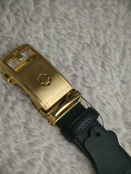 Premium Black Leather Belt with Gold-Tone Luxury Buckle)