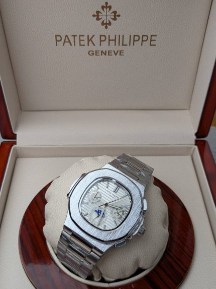 Patek Philippe Nautilus Inspired Annual Calendar Moonphase Watch – Silver Edition (Copy)
