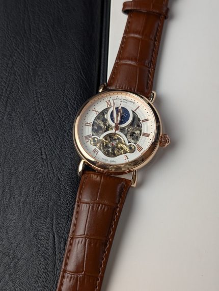 Patek Philippe Rose Gold-Tone Skeleton Moonphase Watch with White Dial (Including Like Original Box Packaging)
