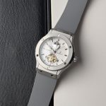 Hublot Silver-Tone Open-Heart Moonphase Watch with White Dial and Grey Strap (Including Like Original Box Packaging)