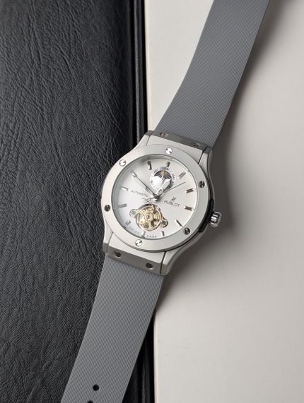 Hublot Silver-Tone Open-Heart Moonphase Watch with White Dial and Grey Strap (Including Like Original Box Packaging)