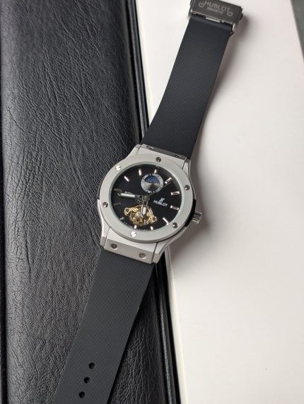 Hublot Silver-Tone Open-Heart Moonphase Watch with Black Dial (Including Like Original Box Packaging)