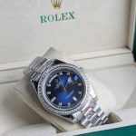 ROLEX Silver-Tone Day-Date Style Watch with Blue Gem-Set Dial and Crystal Bezel (Including Presentation Box)