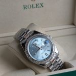 ROLEX Silver-Tone Day-Date Style Watch with Ice Blue Gem-Set Dial and Crystal Bezel (Including Presentation Box)