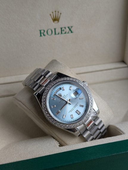 ROLEX Silver-Tone Day-Date Style Watch with Ice Blue Gem-Set Dial and Crystal Bezel (Including Presentation Box)