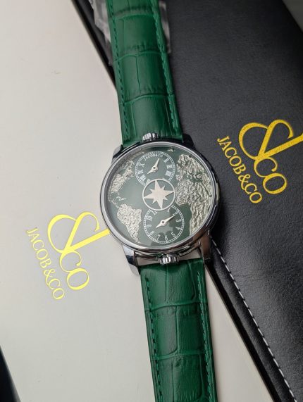 Jacob & Co. "Astronomia Tourbillon" Silver-Tone World Map Watch with Green Strap (Decorative Functions)
