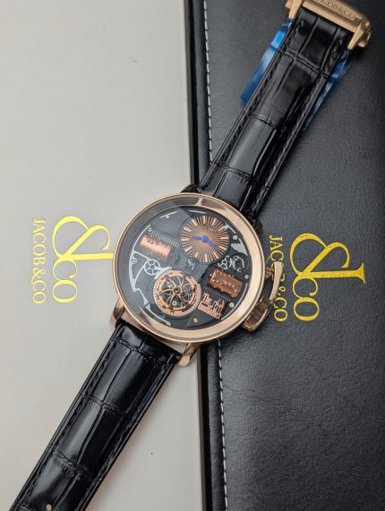 Jacob & Co. "The Godfather" Rose Gold-Tone Watch with Black Strap (Decorative Functions)