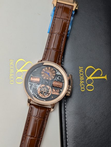 Jacob & Co. "The Godfather" Rose Gold-Tone Watch with Brown Strap (Decorative Functions)