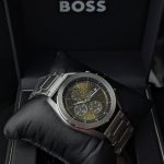 BOSS Silver-Tone Chronograph Watch with Olive Sunray Dial (Including Like Original Box Packaging)
