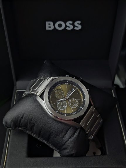 BOSS Silver-Tone Chronograph Watch with Olive Sunray Dial (Including Like Original Box Packaging)