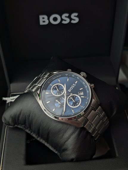 BOSS Silver-Tone Chronograph Watch with Blue Dial (Including Like Original Box Packaging)