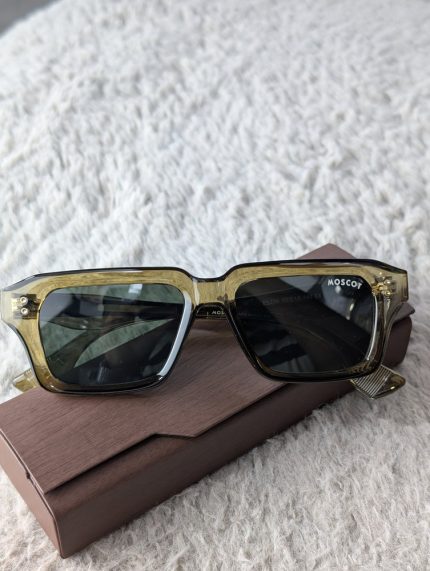 MOSCOT Transparent Olive Green Rectangular Sunglasses with Dark Lenses