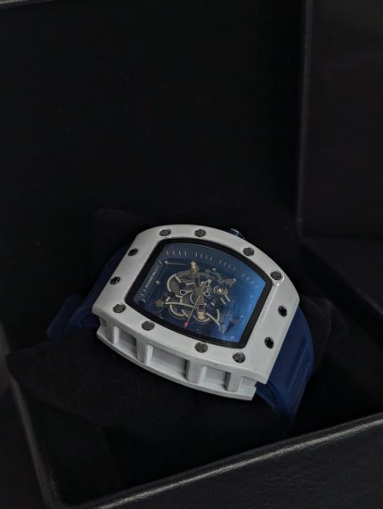RICHARD MILLE Style White Tonneau Watch with Blue Strap (Including Presentation Box)