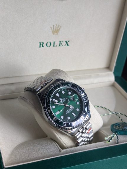 ROLEX Stainless Steel Left-Handed GMT-Master II Style Watch with Green and Black Bezel (Including Presentation Box & Hang Tag)