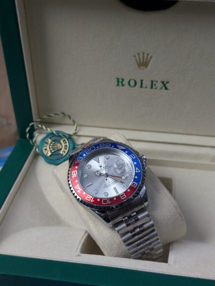 ROLEX Stainless Steel GMT-Master II Style Watch with Red and Blue Bezel and Silver Dial (Including Presentation Box & Hang Tag)