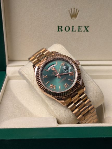ROLEX Rose Gold-Tone Day-Date Style Watch with Green Dial and Roman Numerals (Including Presentation Box)
