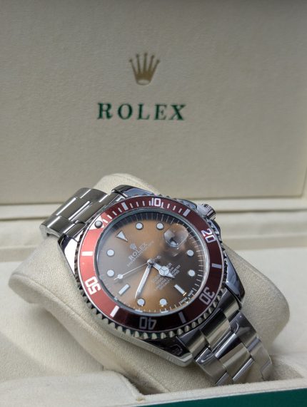 ROLEX Stainless Steel Submariner-Style Watch with Red Bezel and Brown Dial (Including Presentation Box)