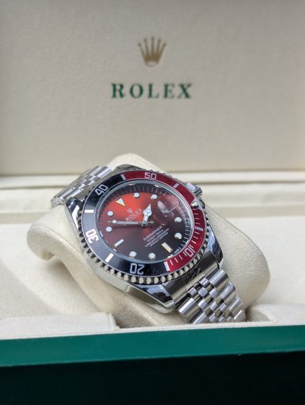 ROLEX Stainless Steel Submariner-Style Watch with Black and Red Bezel and Gradient Red Dial (Including Presentation Box)