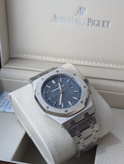 AUDEMARS PIGUET Stainless Steel Royal Oak Style Watch with Textured Blue Dial (Including Presentation Box)