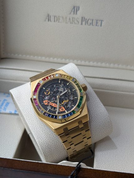 AUDEMARS PIGUET Gold-Tone Royal Oak Style Skeleton Automatic Watch with Rainbow Bezel (Including Presentation Box)