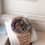 AUDEMARS PIGUET Frosted Rose Gold-Tone Royal Oak Style Skeleton Automatic Watch with Rainbow Bezel (Including Presentation Box)