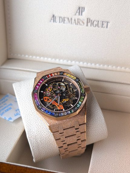 AUDEMARS PIGUET Frosted Rose Gold-Tone Royal Oak Style Skeleton Automatic Watch with Rainbow Bezel (Including Presentation Box)