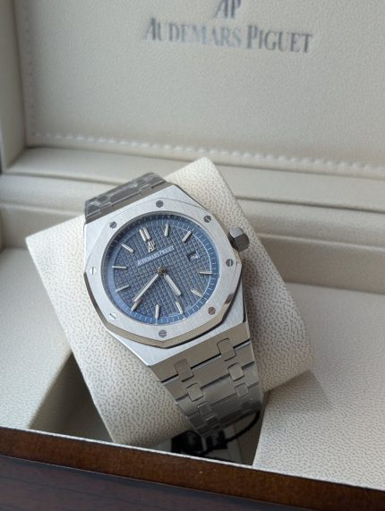 AUDEMARS PIGUET Stainless Steel Royal Oak Style Watch with Textured Blue Dial (Including Presentation Box)