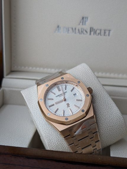 AUDEMARS PIGUET Rose Gold-Tone Royal Oak Style Automatic Watch with White Dial (Including Presentation Box)