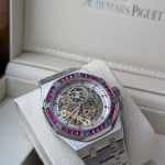 AUDEMARS PIGUET Stainless Steel Royal Oak Style Skeleton Watch with Pink Gem-Set Bezel (Including Presentation Box)