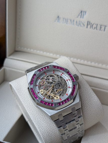 AUDEMARS PIGUET Stainless Steel Royal Oak Style Skeleton Watch with Pink Gem-Set Bezel (Including Presentation Box)