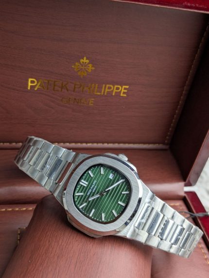 Patek Philippe Silver-Tone Nautilus-Style Watch with Green Embossed Dial (Including Like Original Box Packaging)