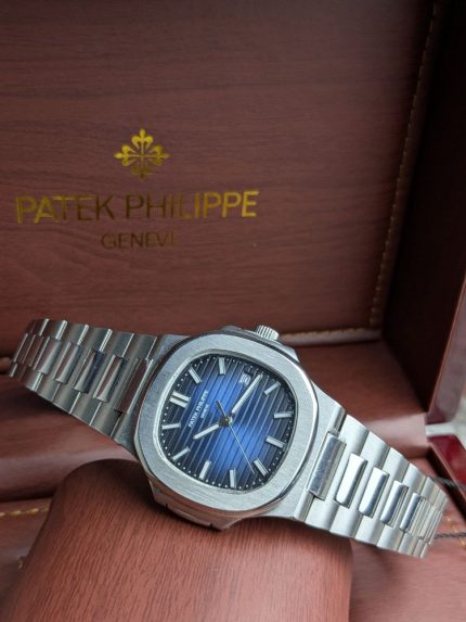 Patek Philippe Silver-Tone Nautilus-Style Watch with Blue Gradient Embossed Dial (Including Like Original Box Packaging)