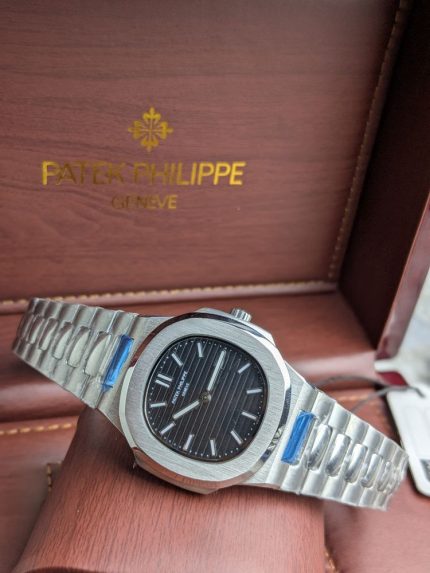 Patek Philippe Silver-Tone Nautilus-Style Watch with Black Embossed Dial (Including Like Original Box Packaging)