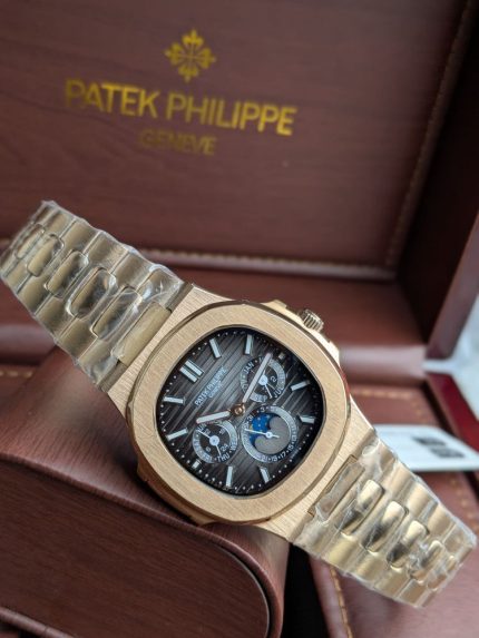 Patek Philippe Gold-Tone Nautilus-Style Complication Watch with Dark Embossed Dial (Including Like Original Box Packaging)