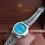 Patek Philippe Silver-Tone Nautilus-Style Complication Watch with Light Blue Embossed Dial (Including Like Original Box Packaging)