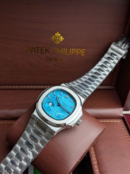 Patek Philippe Silver-Tone Nautilus-Style Complication Watch with Light Blue Embossed Dial (Including Like Original Box Packaging)