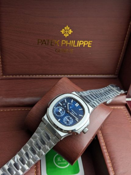 Patek Philippe Silver-Tone Nautilus-Style Complication Watch with Dark Blue Embossed Dial (Including Like Original Box Packaging)
